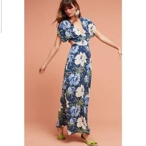 Anthropologie DRA Maxi Dress Santorini Floral Tropical Boho Blue Cream Size L‎
